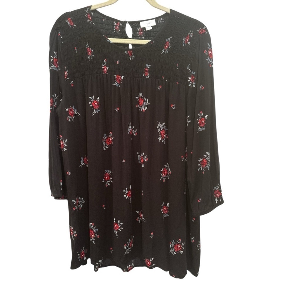 J. Jill Black Floral 3/4 Sleeve Blouse Boho Lightweight Rose Print Mature Sz L